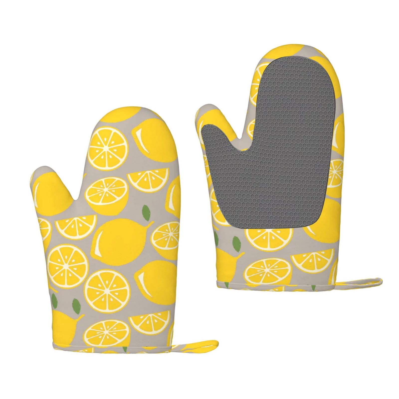 ZNDUO Kitchen Oven Gloves, Durable Heat Resistant Oven Gloves with Quilted Liner Non-Slip Textured Grip Perfect for BBQ, Baking, Cooking and Grilling, Yellow Lemon Seamless