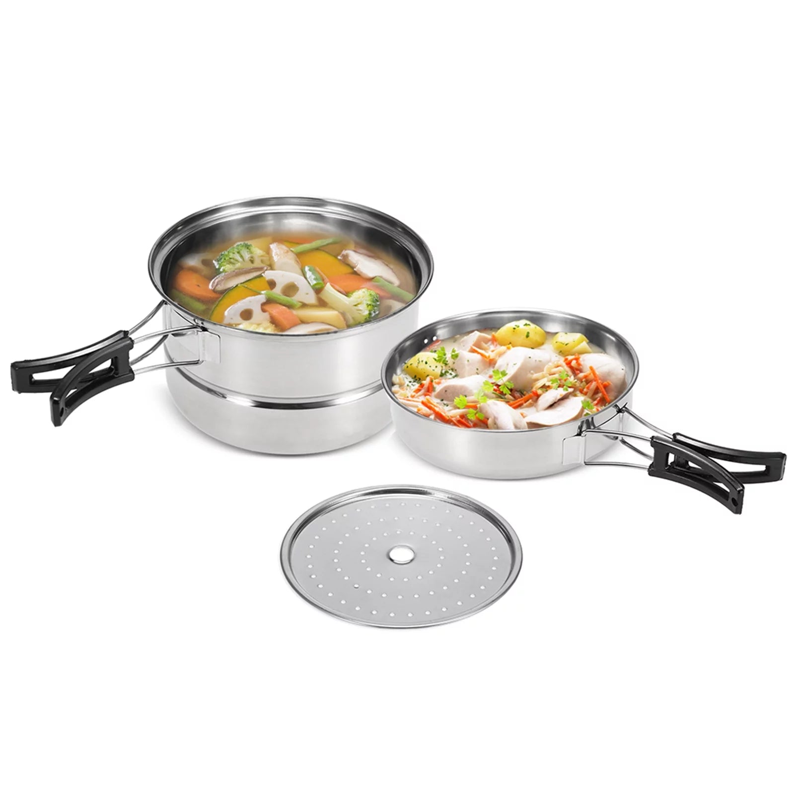 Mixfeer 3Pcs Camping Cookware Set Stainless Steel Pot Frying Pan Steaming Rack Home Kitchen Cooking Set