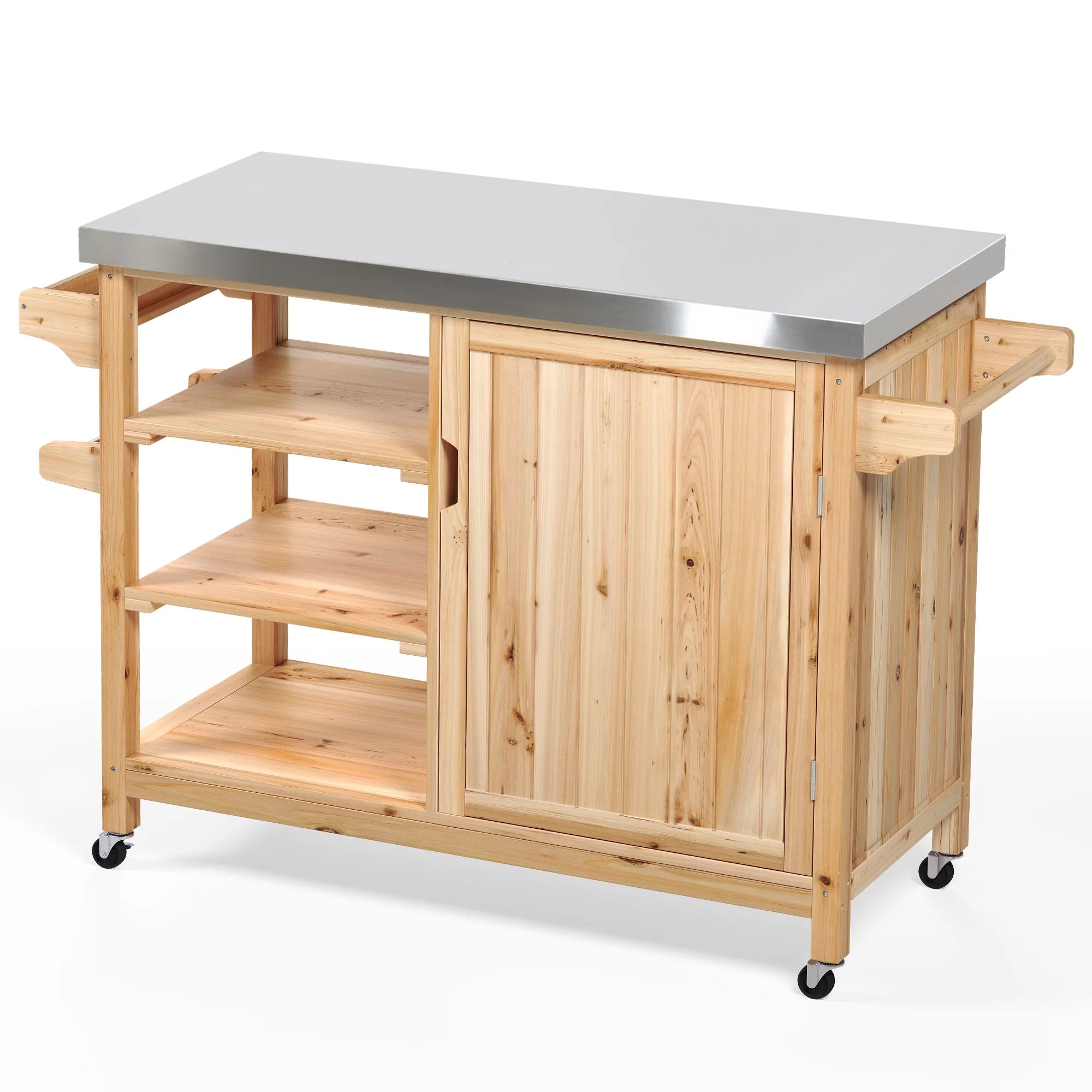 Dextrus 53.74 L x 20.27 W Inches XL Outdoor Table and Storage Cabinet Solid Wood Movable Grill Table with Stainless Steel Top, Spice Rack, Side Handle for Outside Patio Kitchen Island or Bar Cart