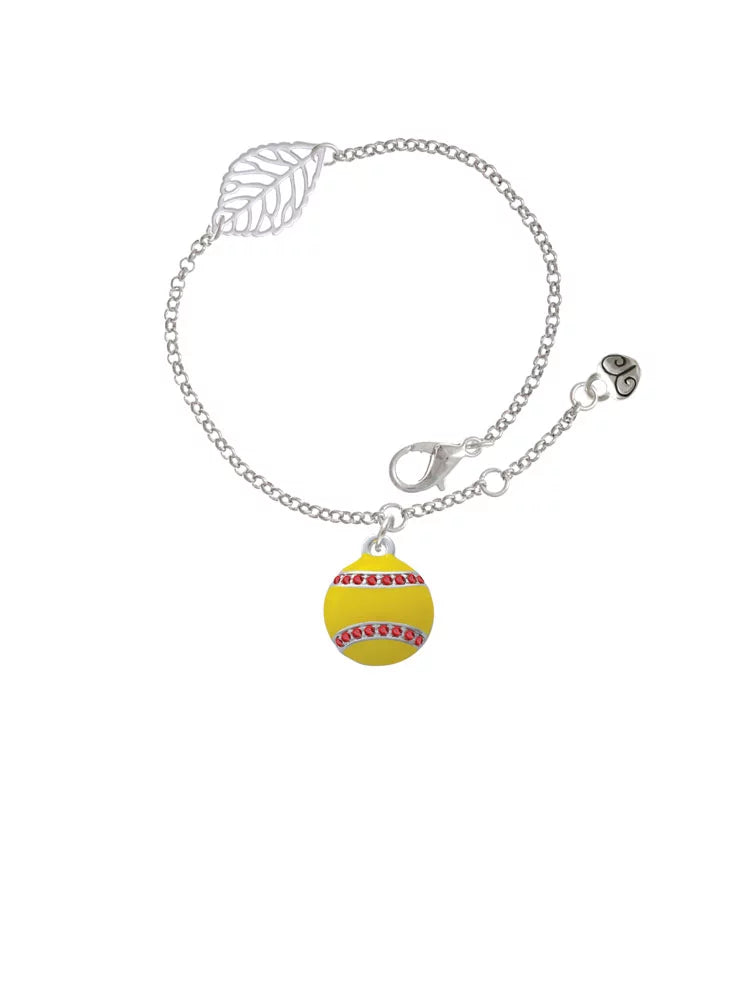 Delight Jewelry Silvertone Optic Yellow Softball with Red Crystal Stitching - Silvertone Leaf Delicate Bracelet, 6.25+1.75