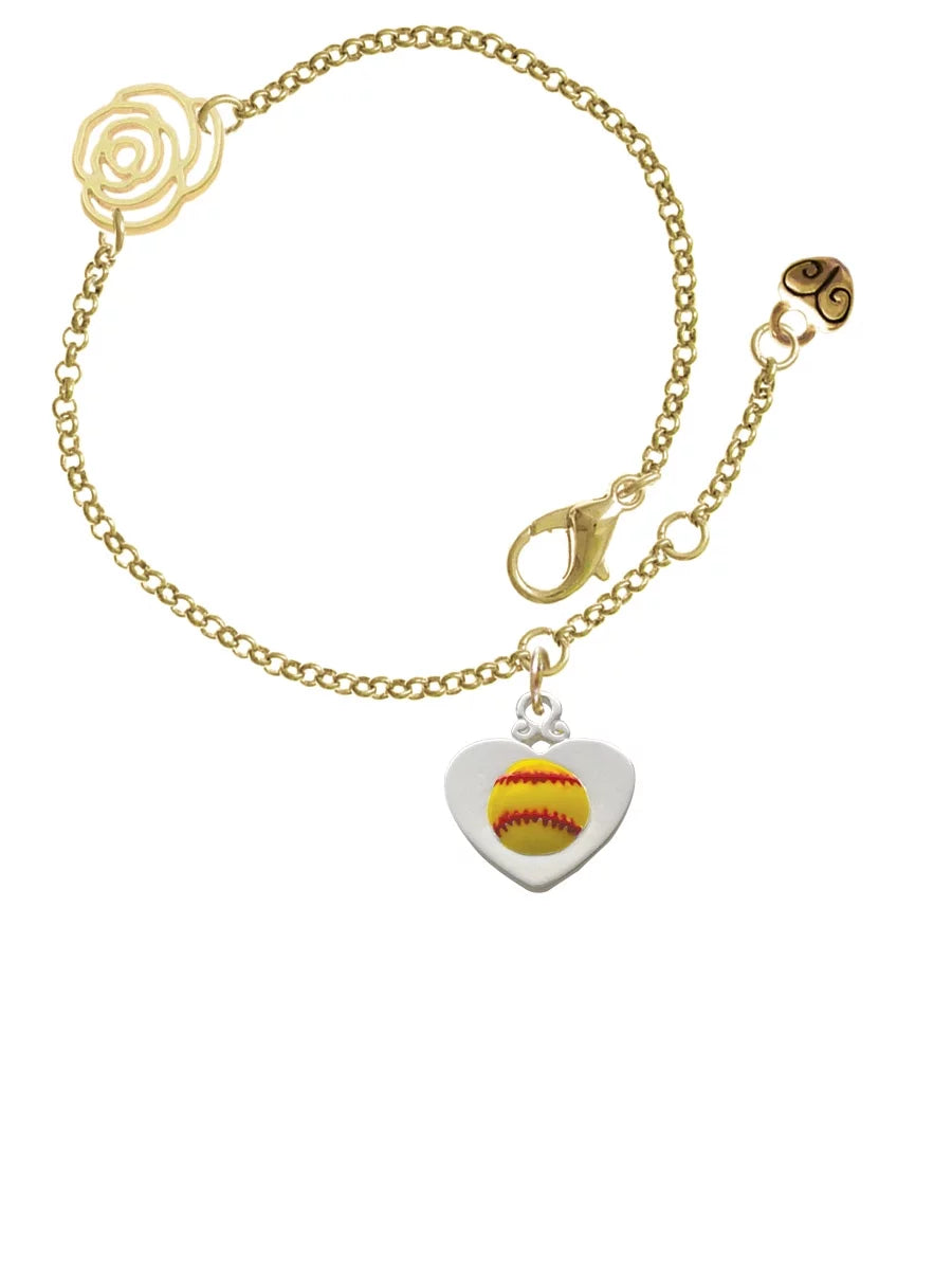 Delight Jewelry Silvertone Softball in Heart Gold-tone Rose Link Chain Bracelet, 6.25+1.75 Extender