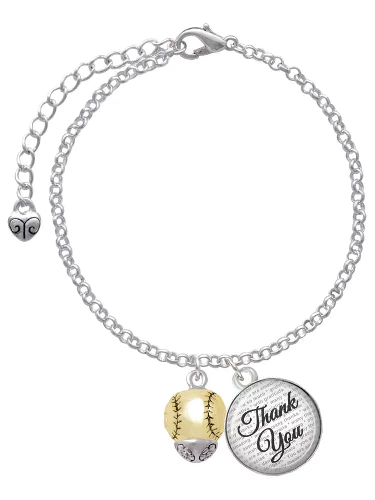 Delight Jewelry Goldtone Baseball/Softball Spinner - Domed Thank You Charm Bracelet, 6+2