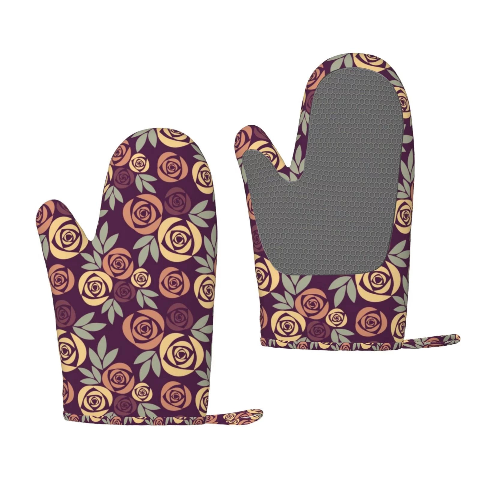 ZNDUO Kitchen Oven Gloves, Durable Heat Resistant Oven Gloves with Quilted Liner Non-Slip Textured Grip Perfect for BBQ, Baking, Cooking and Grilling, Vintage Rose Pattern