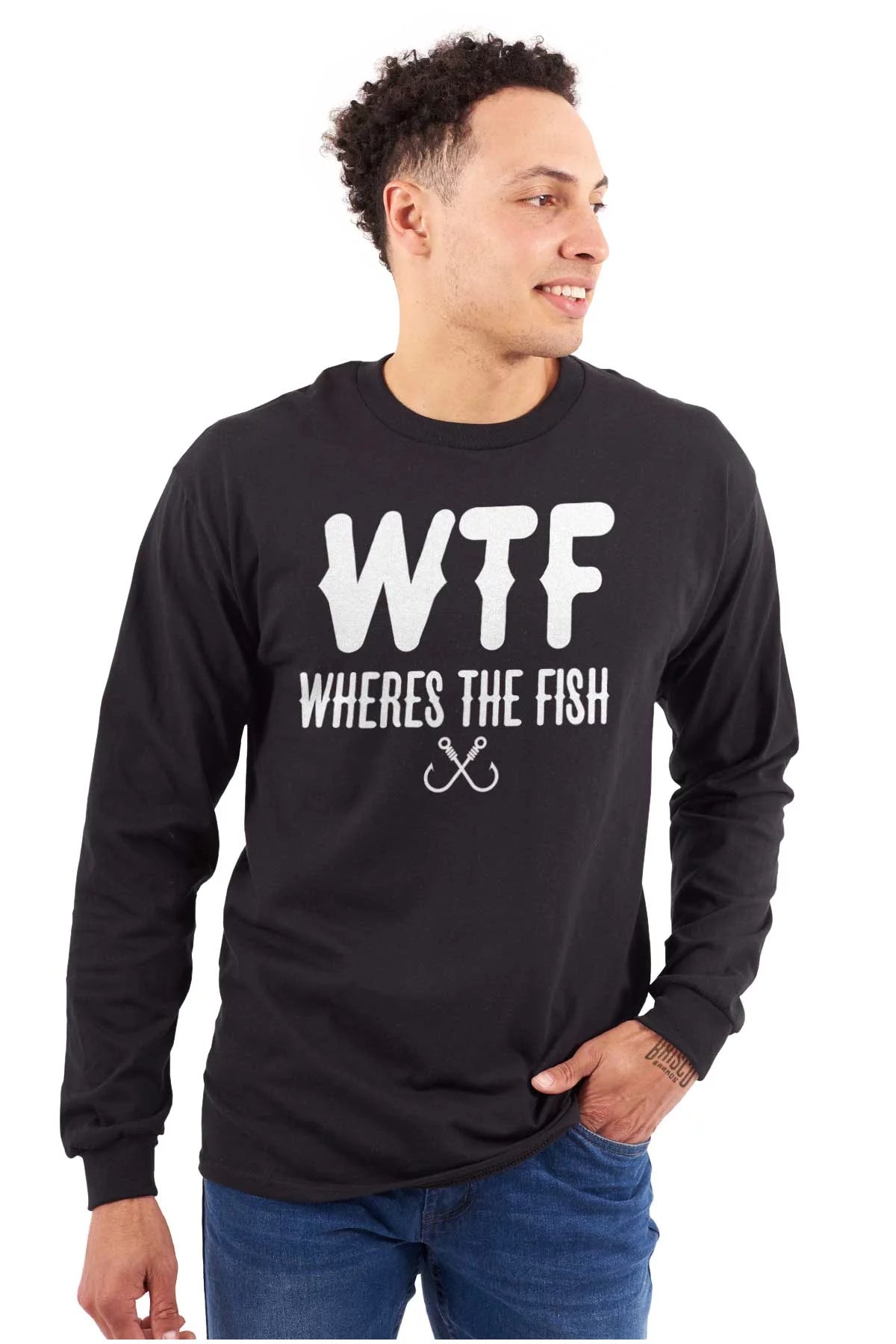 WTF Where's the Fish Fisherman Funny Men's Long Sleeve Tee T Shirt Brisco Brands S