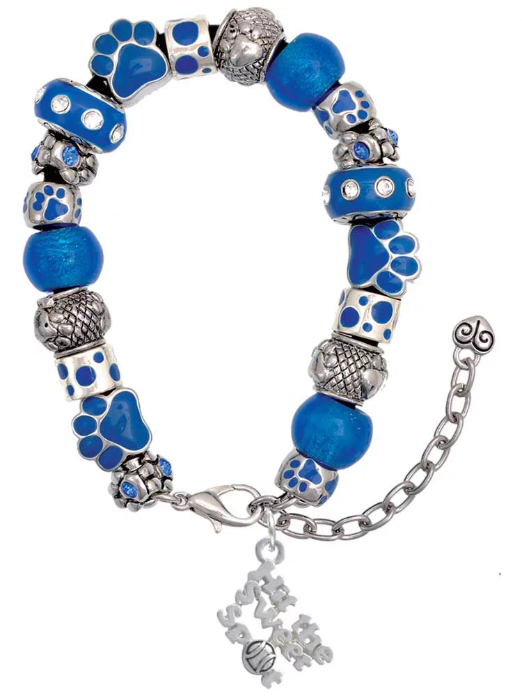 Delight Jewelry Silvertone Hit the Sweet Spot with Softball Blue Paw Print Bead Bracelet, 7+2