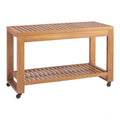 Linon Barlow Teak Outdoor Rolling Kitchen Island Slatted Top & Shelf in Natural