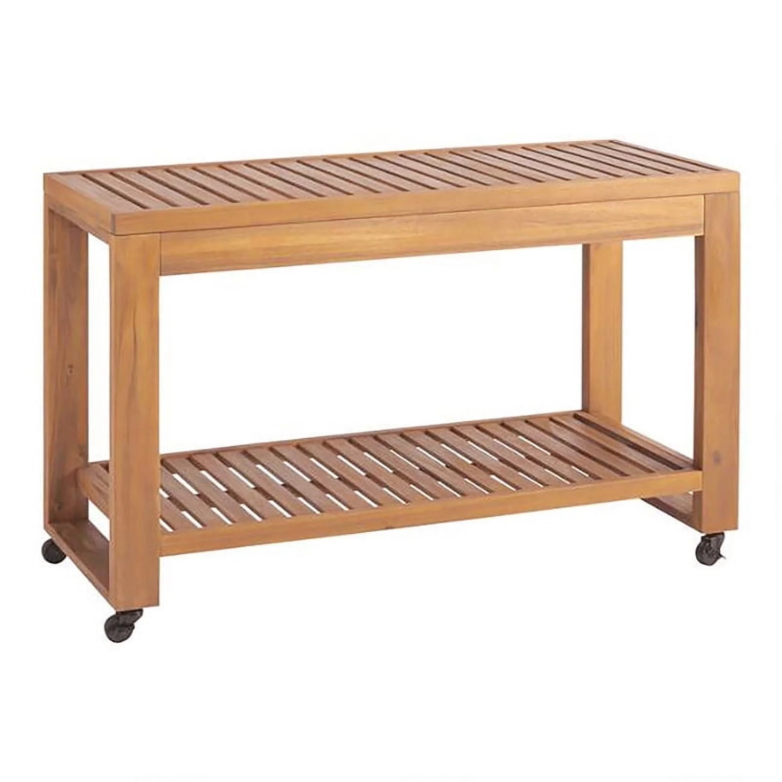 Linon Barlow Teak Outdoor Rolling Kitchen Island Slatted Top & Shelf in Natural
