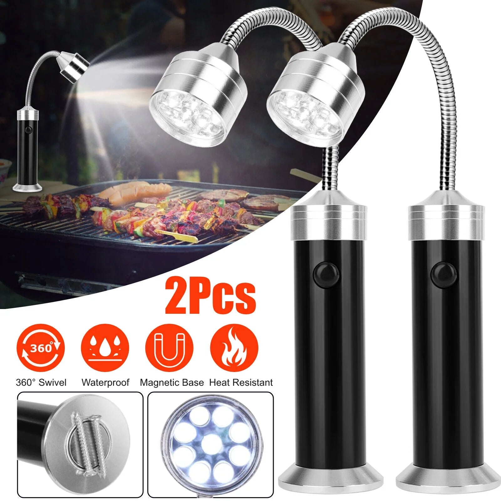2Pcs Barbecue Grill Light 9LED BBQ Light w/ Magnetic Base & 360¡ã Flexible Hose