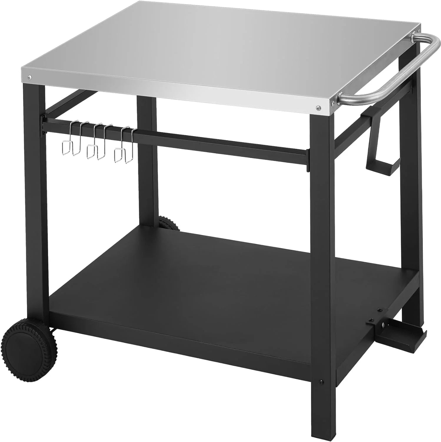 Double-Shelf Movable Dining Cart, Stainless Steel Worktable on 2 Wheels, Kitchen Food Prep Work Table, Outdoor Dining Room Bar Cart, Pizza Oven Table w/Hooks, Handle, L33.5 x W19.7 x H31.8