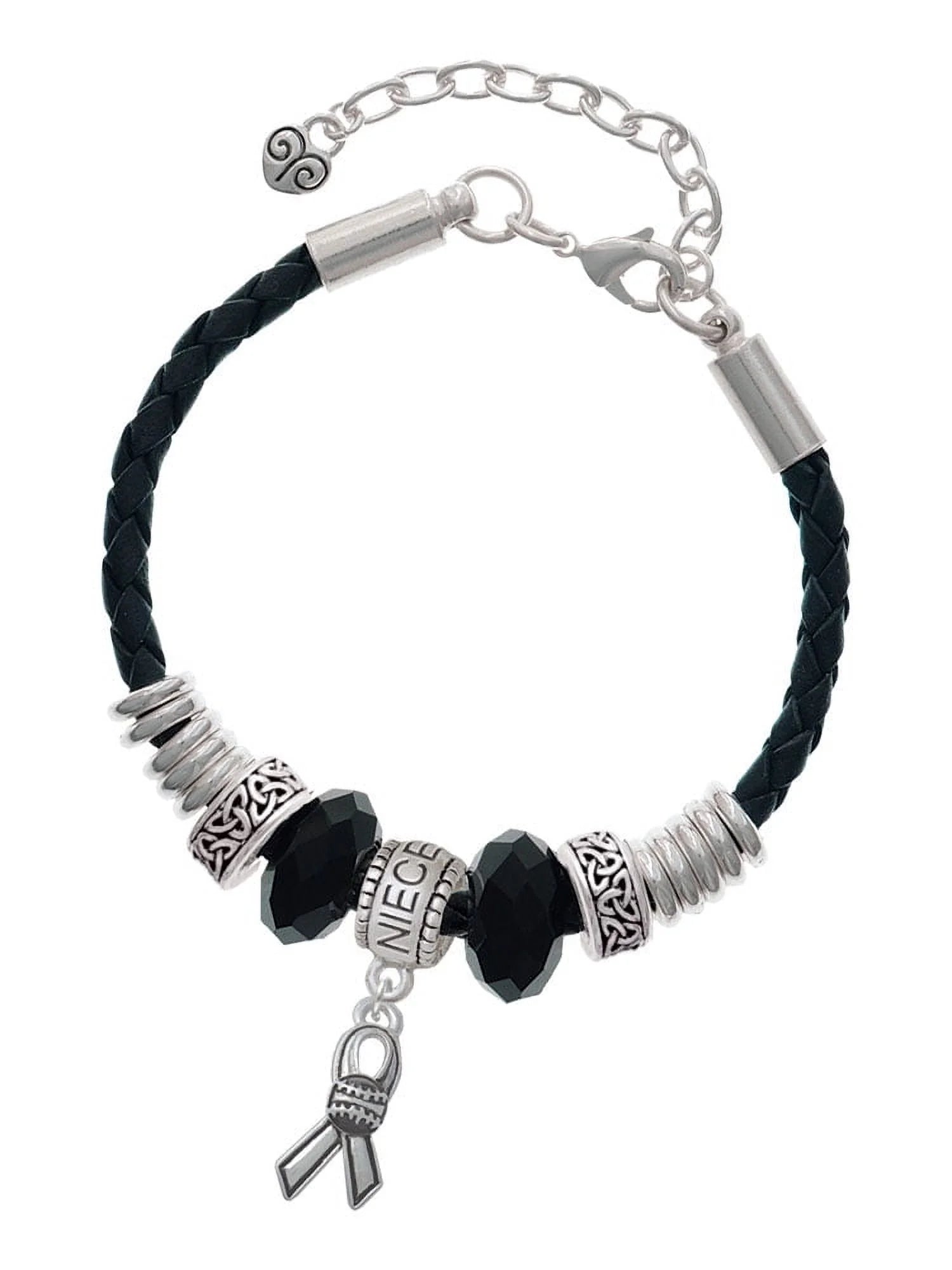 Delight Jewelry Silvertone Ribbon with Softball Niece Celtic Knot Leather Bead Bracelet, 7+2 Extender