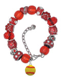 Delight Jewelry Silvertone Large Optic Yellow Softball Red Paw Print Bead Bracelet, 7+2