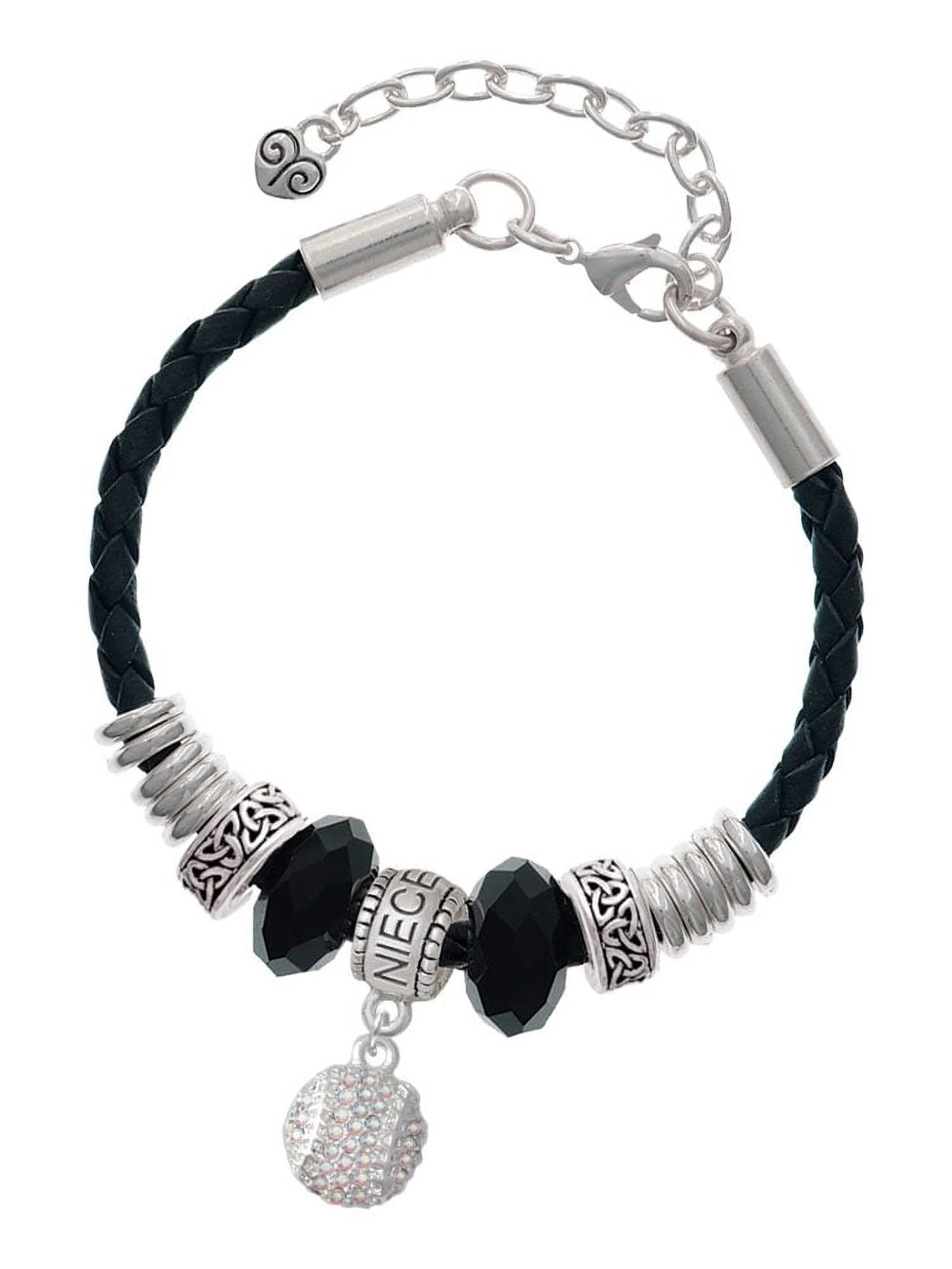 Delight Jewelry Silvertone Small Sparkle Clear AB Softball Niece Celtic Knot Leather Bead Bracelet, 7+2 Extender