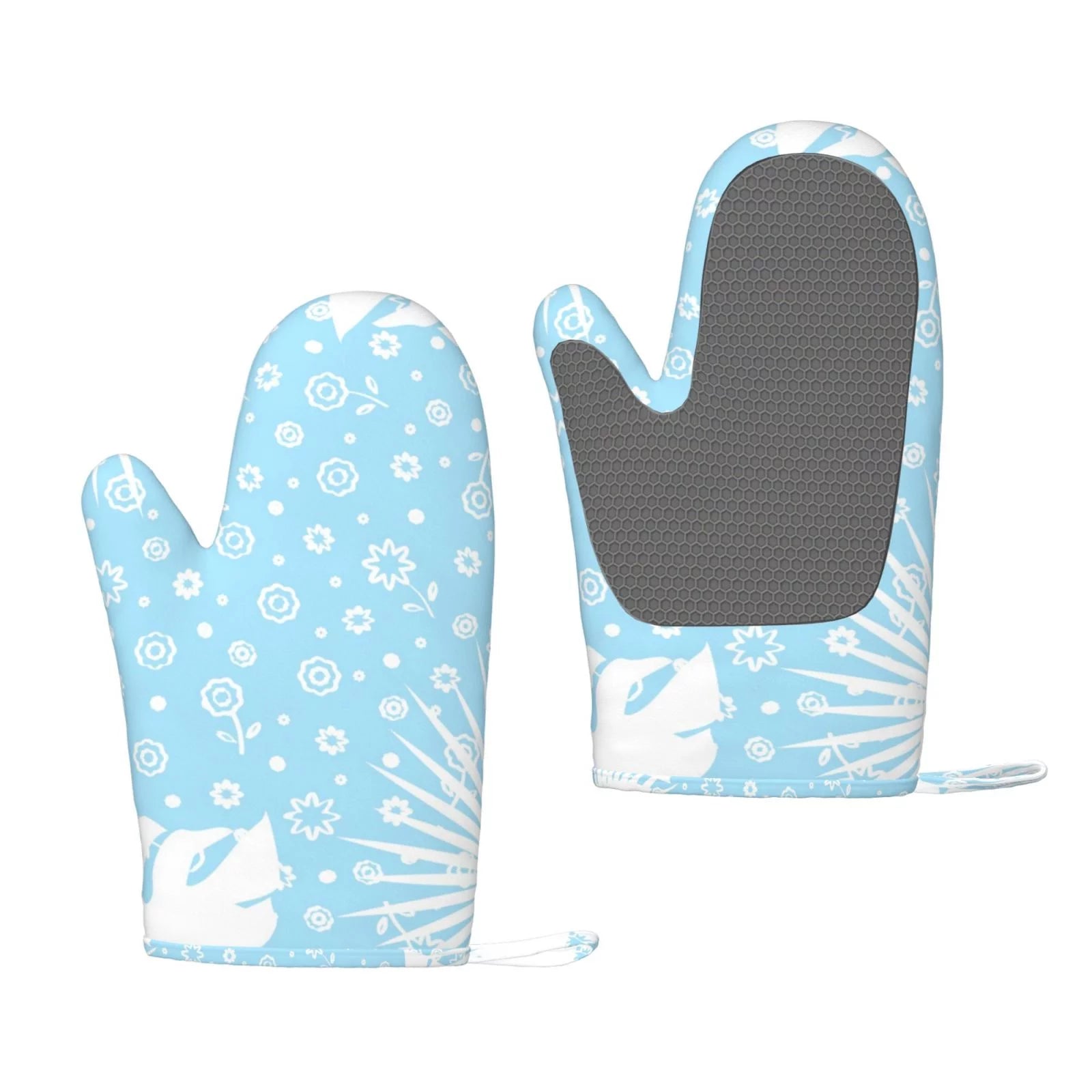 ZNDUO Kitchen Oven Gloves, Durable Heat Resistant Oven Gloves with Quilted Liner Non-Slip Textured Grip Perfect for BBQ, Baking, Cooking and Grilling, Blue Floral Pattern