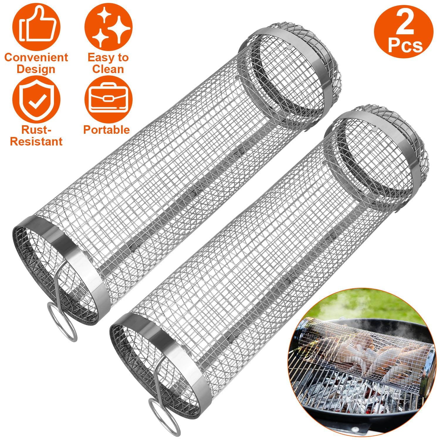 Rolling Grilling Basket - iMounTEK 2PCS Portable Grill Baskets for Outdoor Grill , Round Stainless Steel BBQ Grill Mesh, Camping Barbecue Rack for Fish, Vegetables, Fries(3.42x3.42x11.61in)