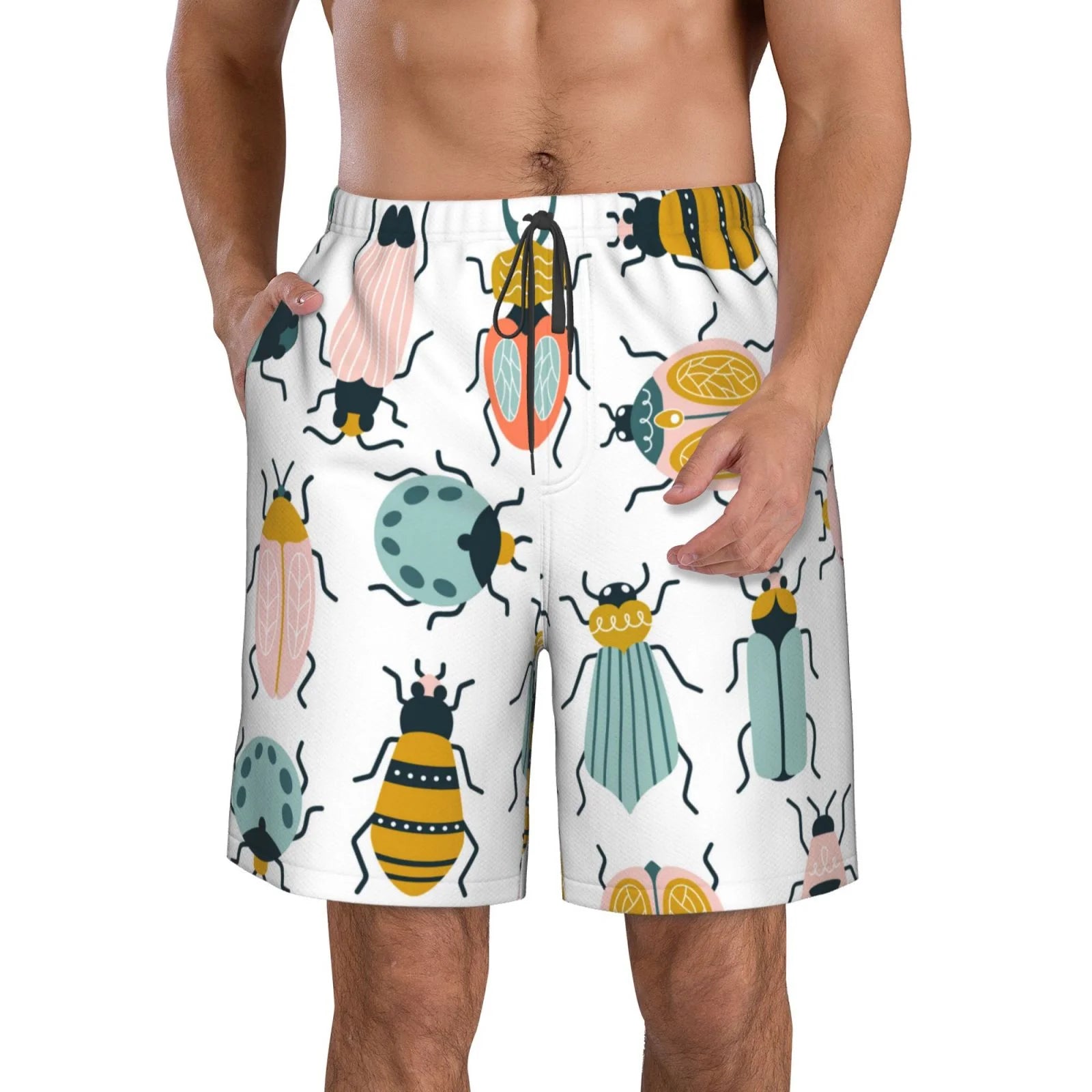 Kll Colorful Insects Men'S Casual Summer Beach Shorts Hawaiian Shorts With Pockets-Small