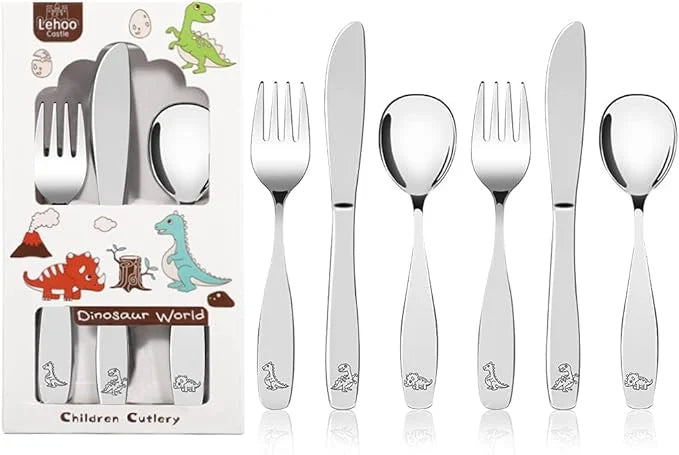 Lehoo Castle Toddler Utensils Kids Silverware, 6pcs Safety Stainless Steel Toddler Fork Spoon Knife Set, Children Flatware Set, Safety Utensils for Toddler and Children (Silver)