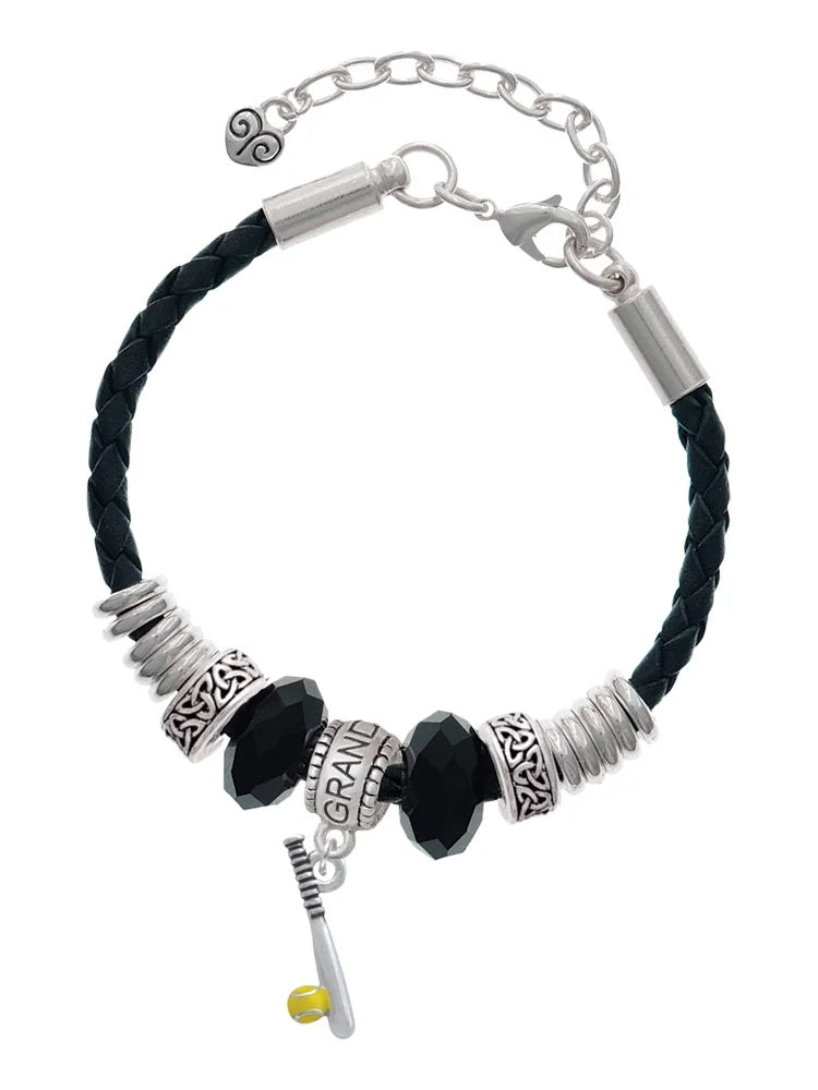 Delight Jewelry Silvertone Enamel Softball and Bat Granddaughter Celtic Knot Leather Bead Bracelet, 7+2 Extender