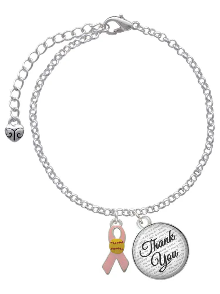 Delight Jewelry Silvertone Pink Ribbon with Softball - Domed Thank You Charm Bracelet, 6+2