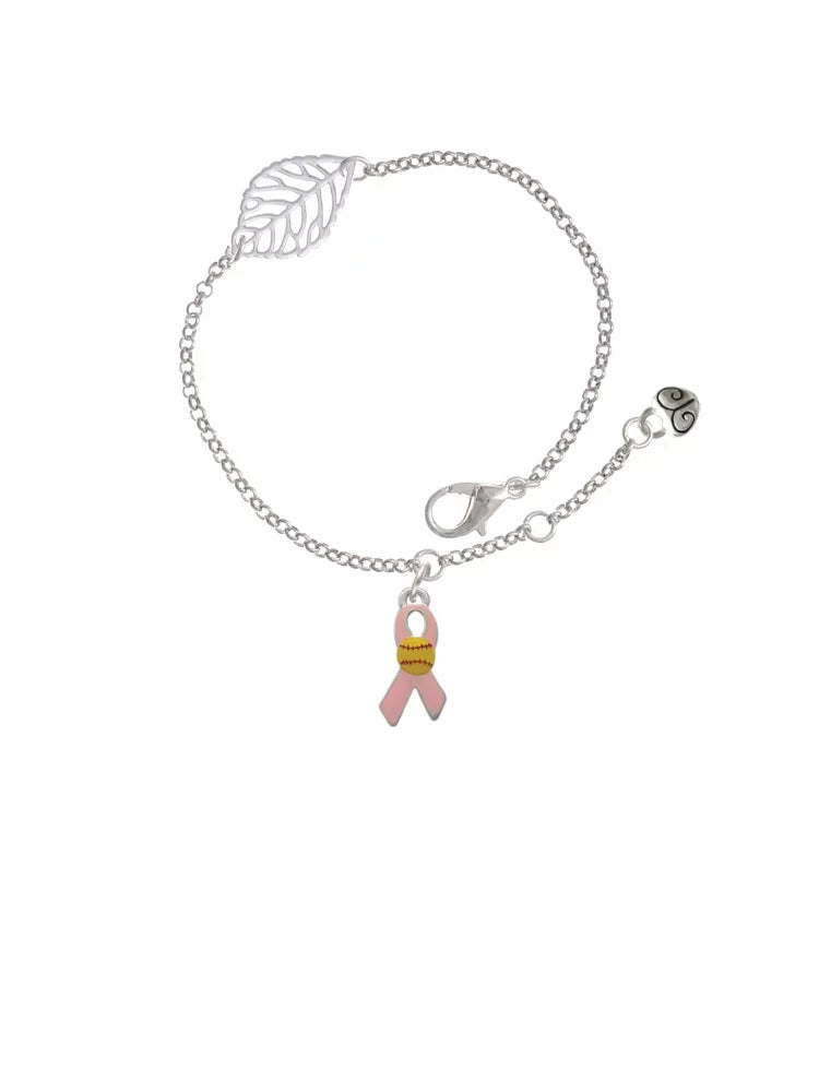 Delight Jewelry Silvertone Pink Ribbon with Softball - Silvertone Leaf Delicate Bracelet, 6.25+1.75