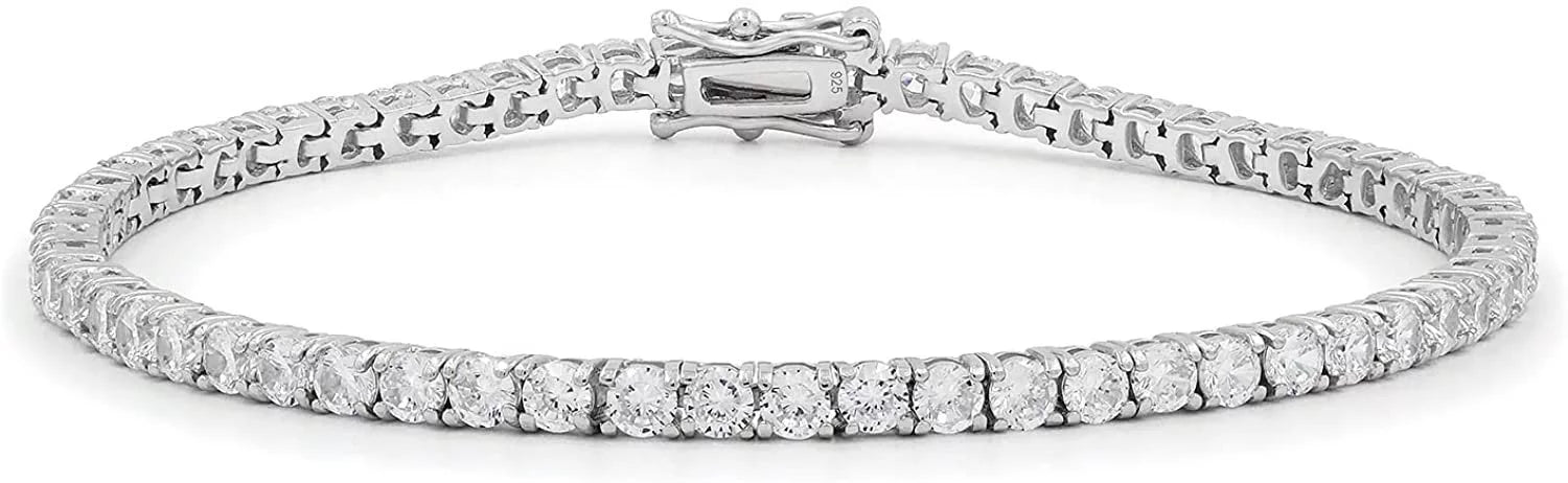 925 Italian Sterling Silver 3mm Tennis Bracelet, Iced Out Round Cut CZ Cubic Zirconia Rhodium Plated Link Chain, Giorgio Bergamo 8.5