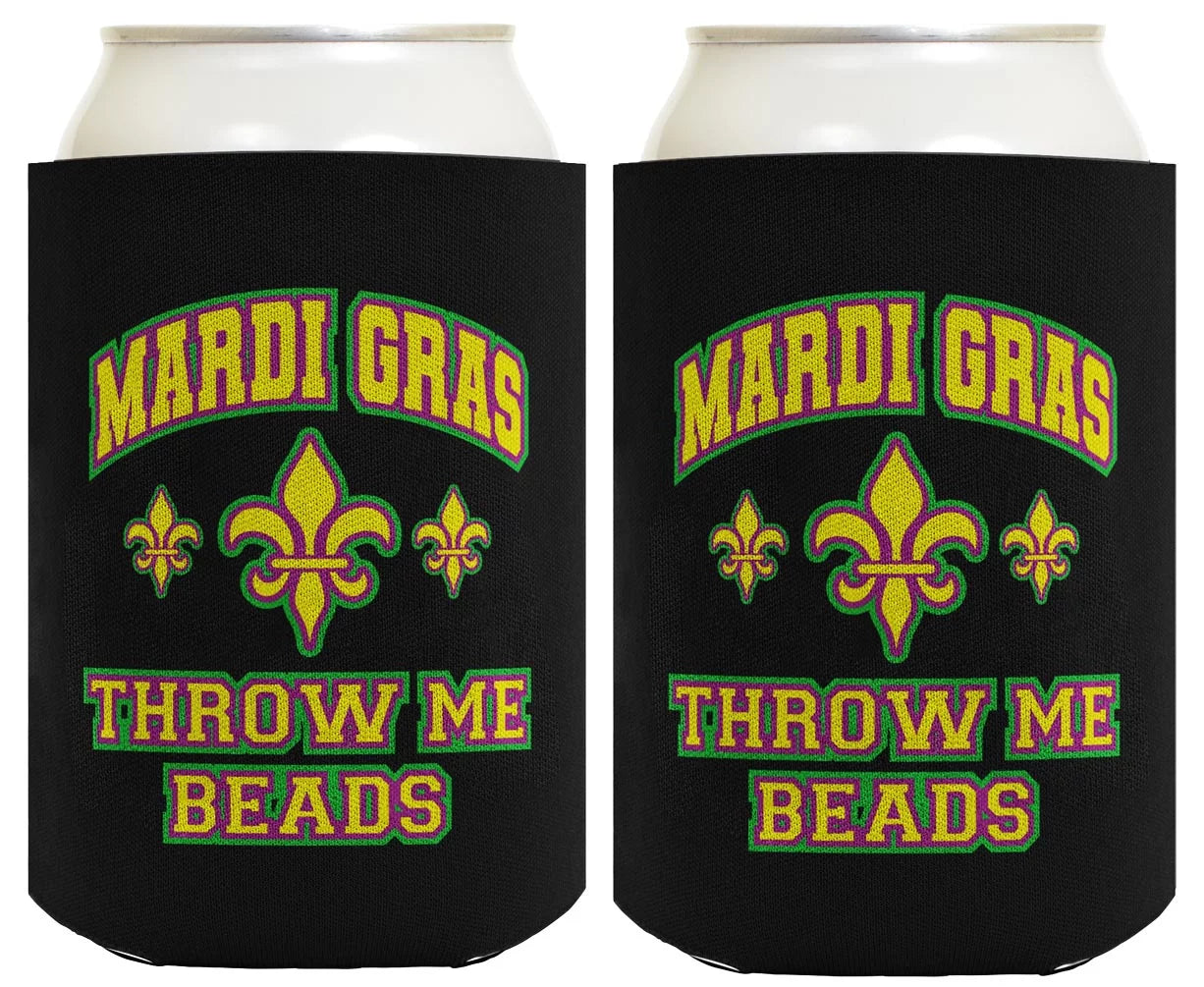 ThisWear Mardi Gras Party Supplies Mardi Gras Throw Me Beads 2-pack Can Coolies Drink Coolers Multi