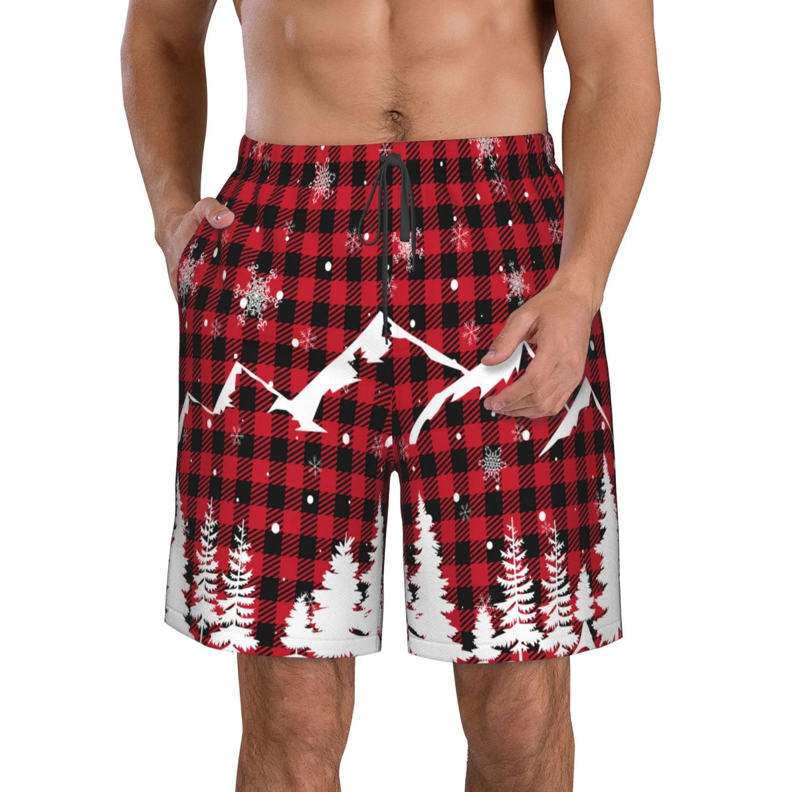 Kll Christmas Tree Buffalo Plaid Men'S Casual Summer Beach Shorts Hawaiian Shorts With Pockets-Small