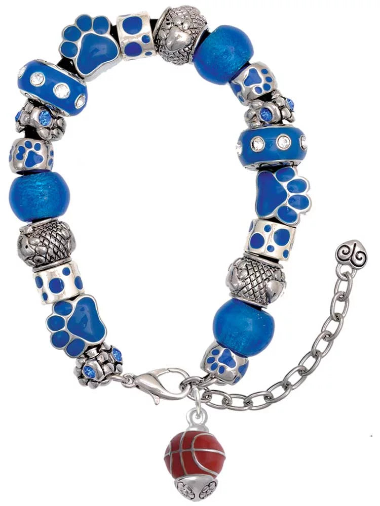 Delight Jewelry Silvertone 3-D Enamel Basketball Spinner Blue Paw Print Bead Bracelet, 7+2