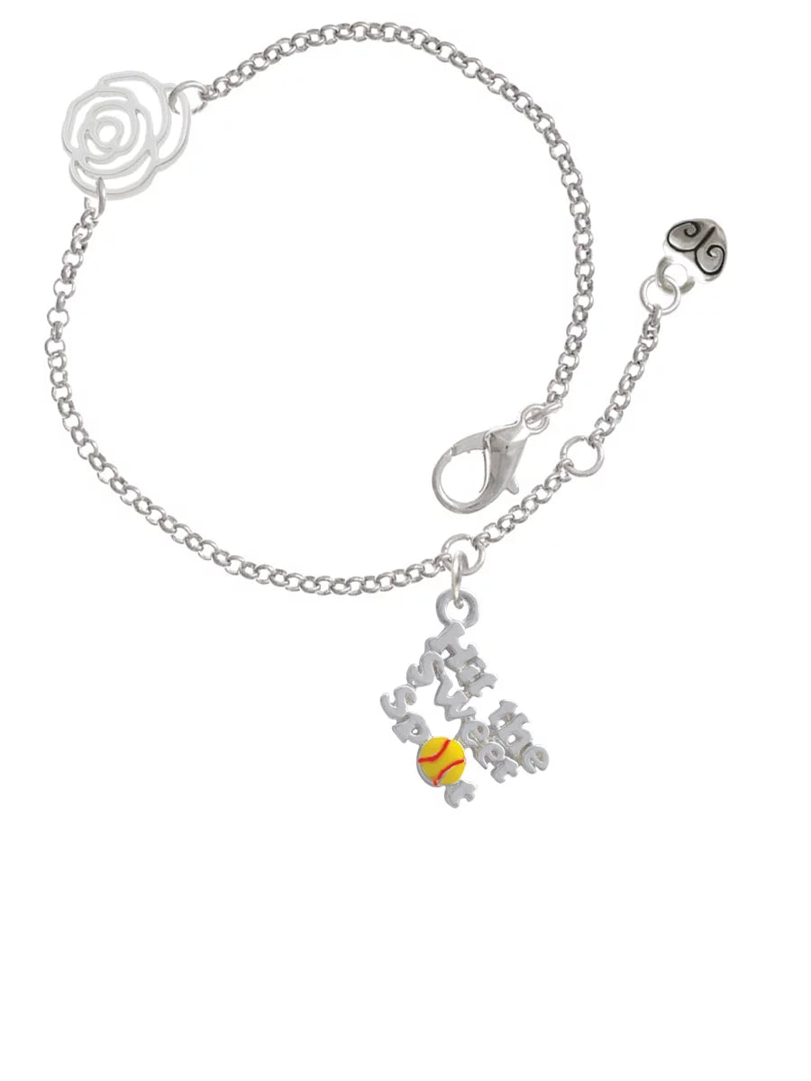 Delight Jewelry Silvertone Hit the Sweet Spot with Yellow Softball Silver-tone Rose Link Chain Bracelet, 6.25+1.75 Extender