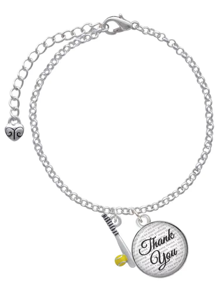 Delight Jewelry Silvertone Enamel Softball and Bat - Domed Thank You Charm Bracelet, 6+2