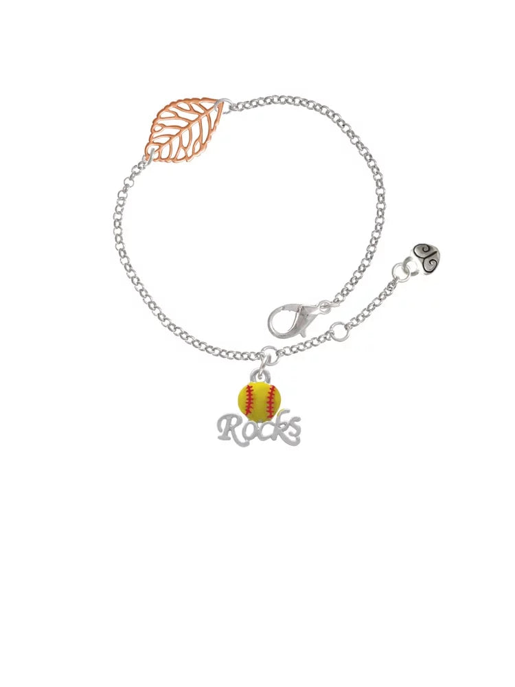Delight Jewelry Silvertone Enamel Softball ''Rocks'' - Rose Goldtone Leaf Delicate Bracelet, 6.25+1.75