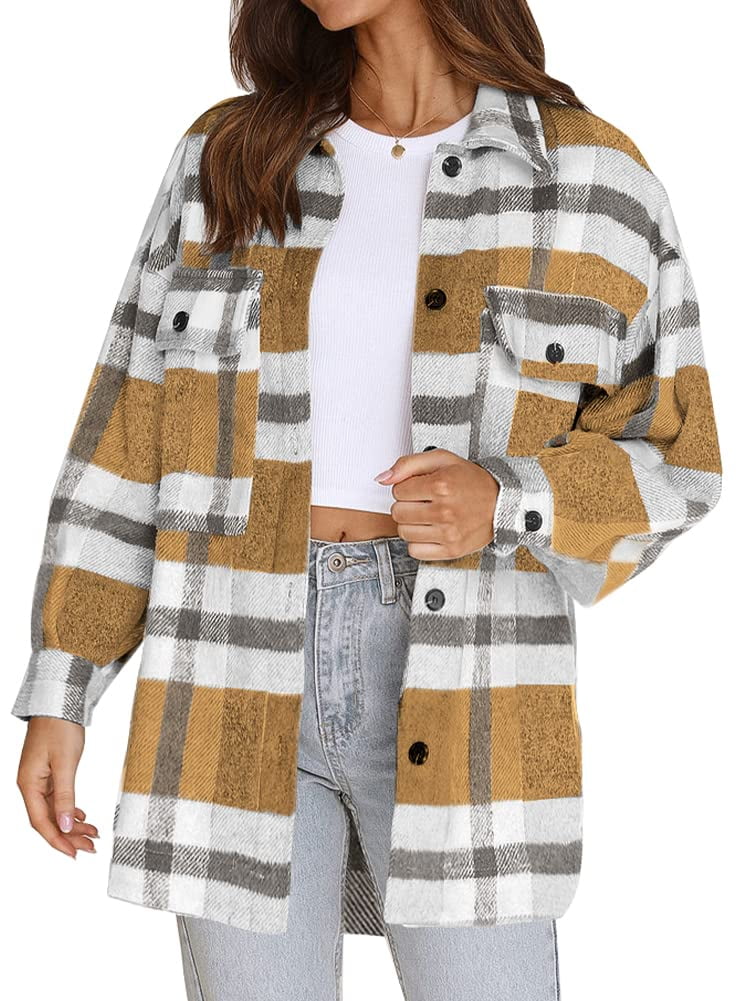 ROSVIGOR Flannel Shirts for Women Plaid Jacket Long Sleeve Button Down Shacket Chest Pocketed Shirts