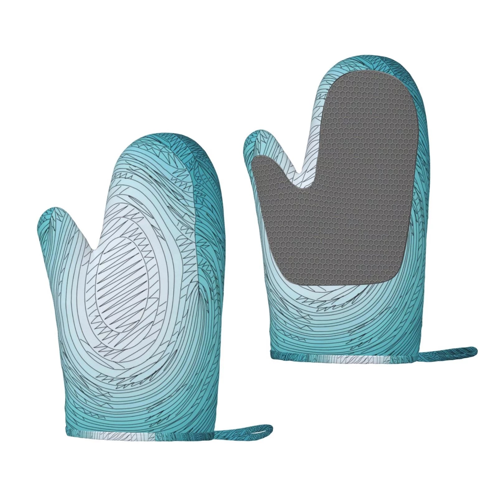 ZNDUO Kitchen Oven Gloves, Durable Heat Resistant Oven Gloves with Quilted Liner Non-Slip Textured Grip Perfect for BBQ, Baking, Cooking and Grilling, Blue Abstract Lines